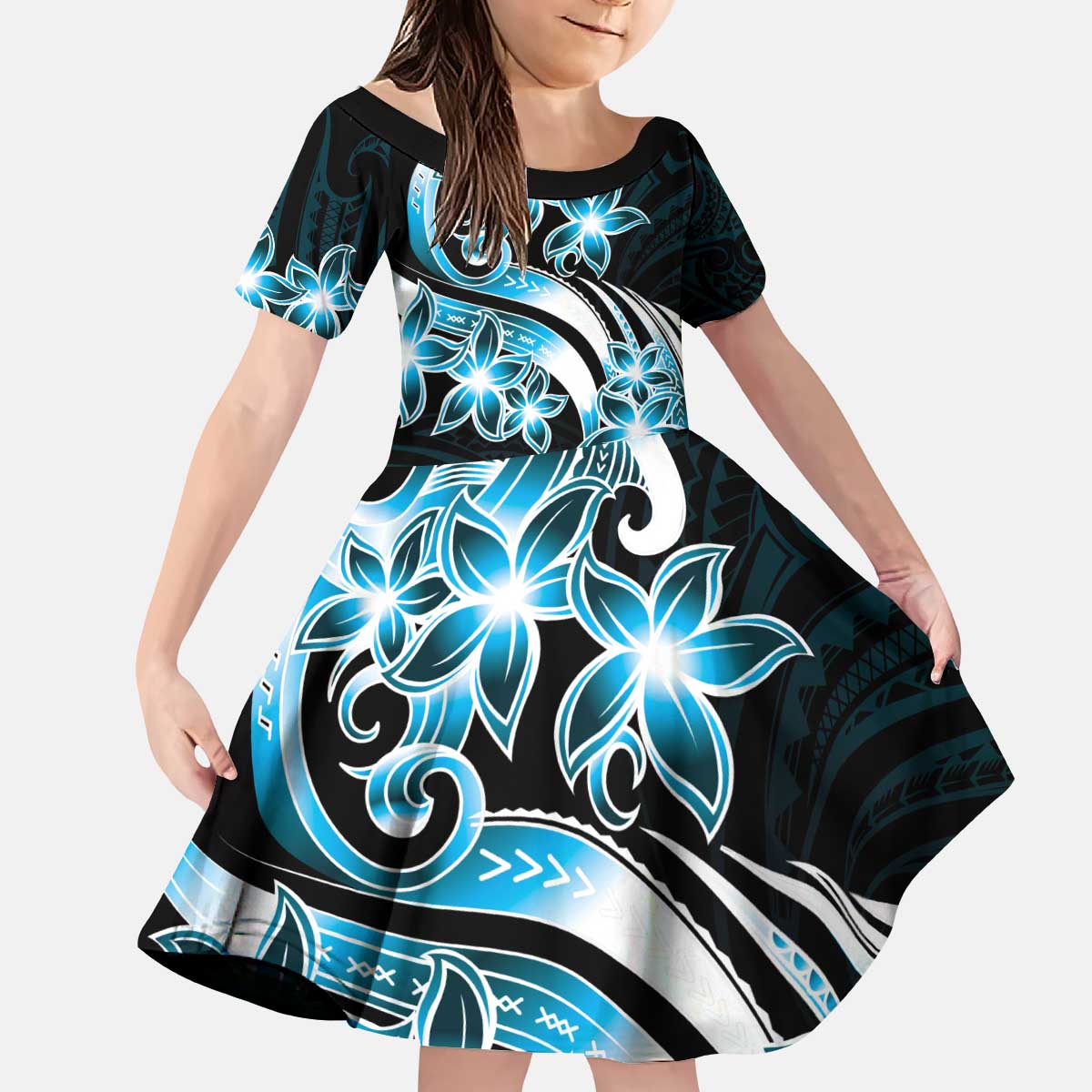 Plumeria Tribal Tattoo Kid Short Sleeve Dress Blue Polynesian Pattern LT9 KID Blue - Polynesian Pride