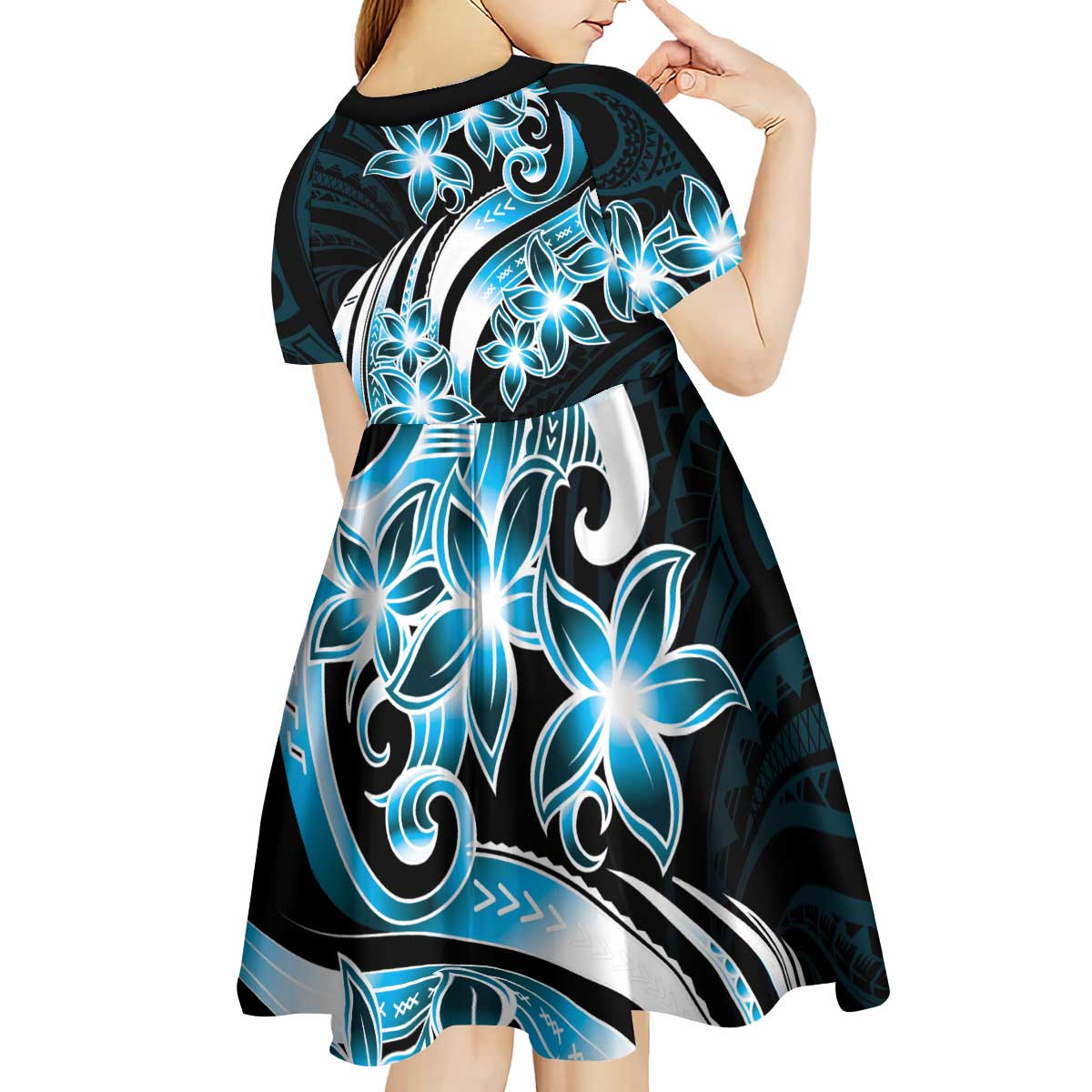 Plumeria Tribal Tattoo Kid Short Sleeve Dress Blue Polynesian Pattern LT9 - Polynesian Pride