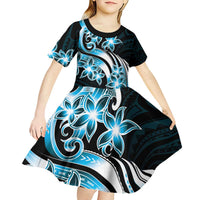 Plumeria Tribal Tattoo Kid Short Sleeve Dress Blue Polynesian Pattern LT9 - Polynesian Pride
