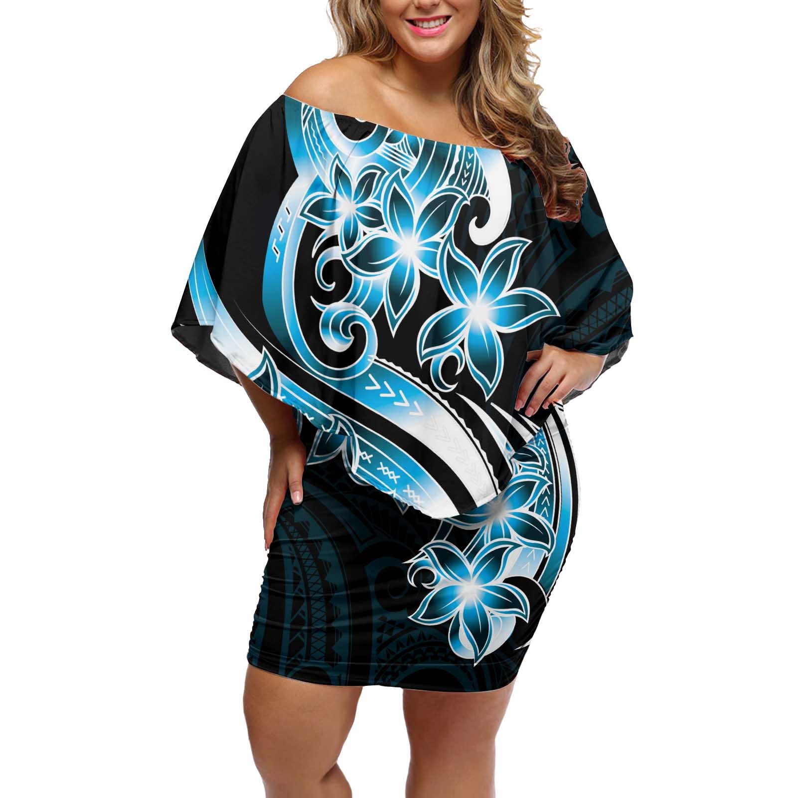 Plumeria Tribal Tattoo Off Shoulder Short Dress Blue Polynesian Pattern