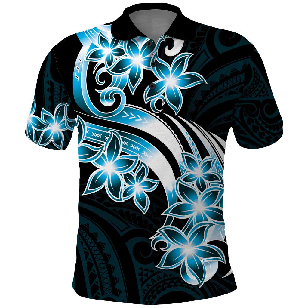 Plumeria Tribal Tattoo Polo Shirt Blue Polynesian Pattern