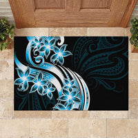Plumeria Tribal Tattoo Rubber Doormat Blue Polynesian Pattern