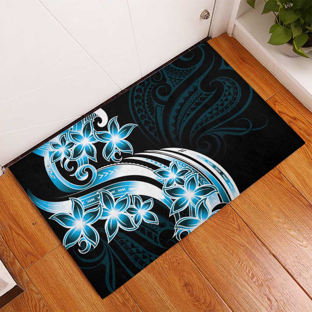 Plumeria Tribal Tattoo Rubber Doormat Blue Polynesian Pattern