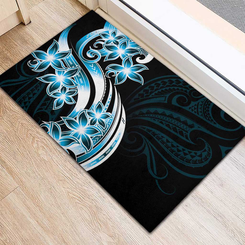 Plumeria Tribal Tattoo Rubber Doormat Blue Polynesian Pattern