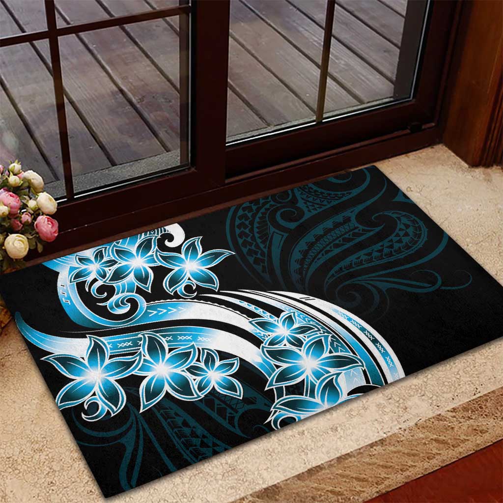 Plumeria Tribal Tattoo Rubber Doormat Blue Polynesian Pattern