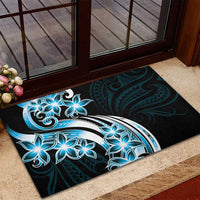 Plumeria Tribal Tattoo Rubber Doormat Blue Polynesian Pattern