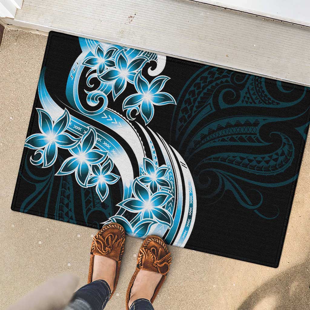 Plumeria Tribal Tattoo Rubber Doormat Blue Polynesian Pattern