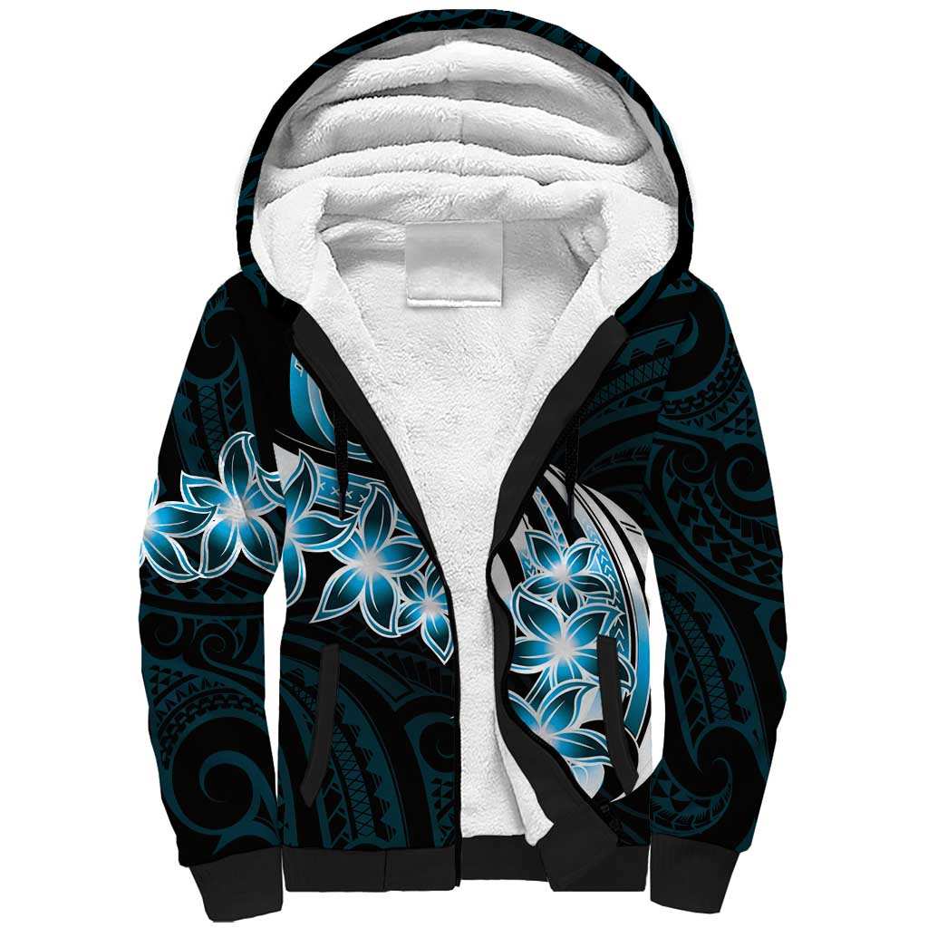 Plumeria Tribal Tattoo Sherpa Hoodie Blue Polynesian Pattern