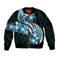 Plumeria Tribal Tattoo Sleeve Zip Bomber Jacket Blue Polynesian Pattern