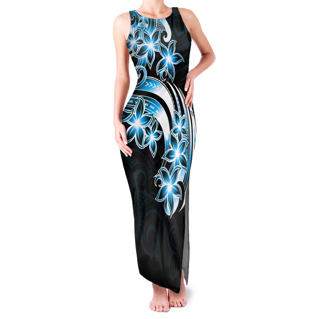 Plumeria Tribal Tattoo Tank Maxi Dress Blue Polynesian Pattern