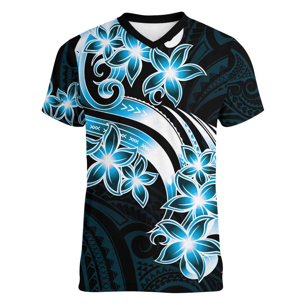 Plumeria Tribal Tattoo Women V-Neck T-Shirt Blue Polynesian Pattern LT9 Female Blue - Polynesian Pride