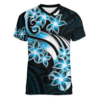 Plumeria Tribal Tattoo Women V-Neck T-Shirt Blue Polynesian Pattern LT9 Female Blue - Polynesian Pride