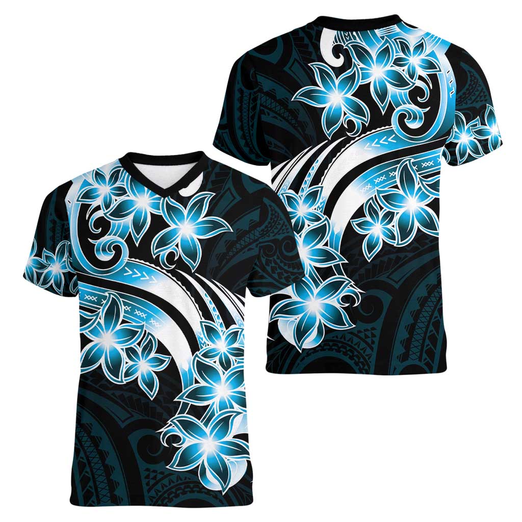 Plumeria Tribal Tattoo Women V-Neck T-Shirt Blue Polynesian Pattern LT9 - Polynesian Pride
