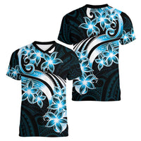 Plumeria Tribal Tattoo Women V-Neck T-Shirt Blue Polynesian Pattern LT9 - Polynesian Pride