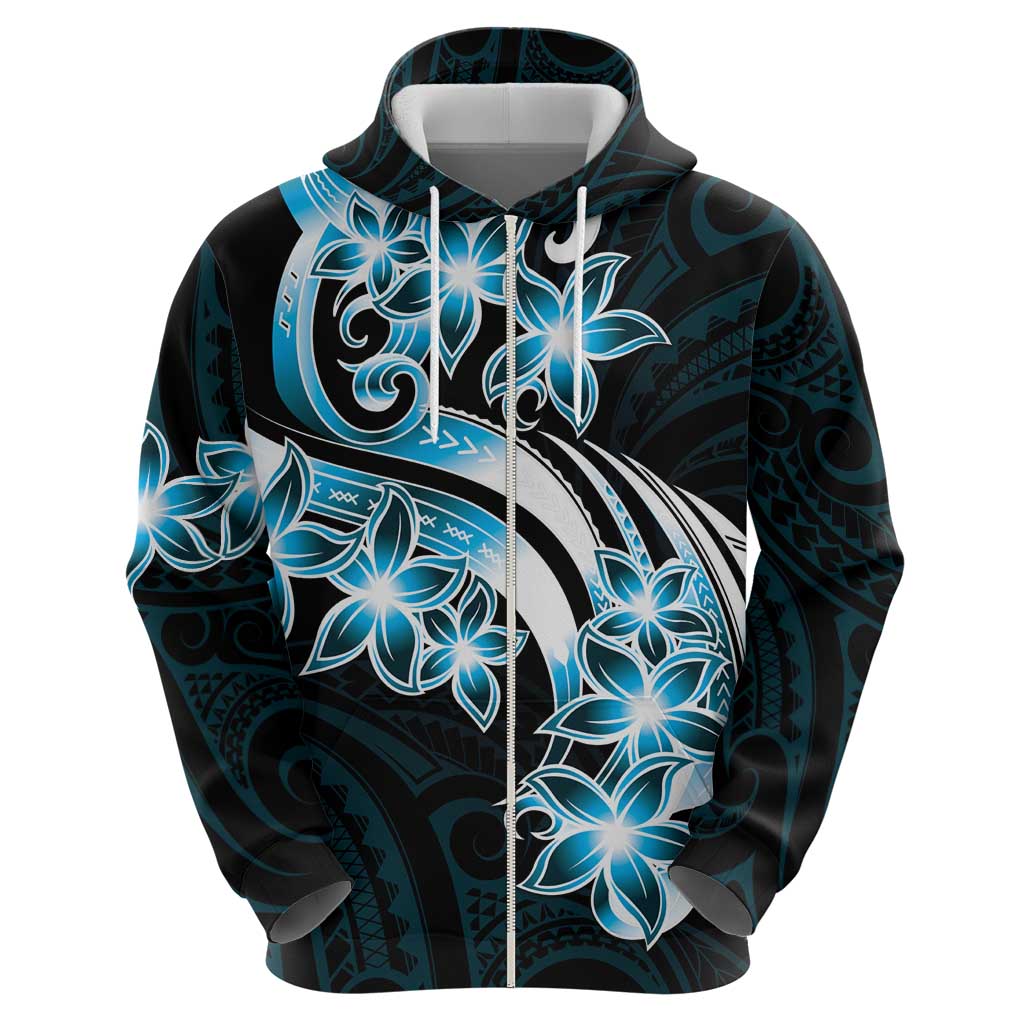 Plumeria Tribal Tattoo Zip Hoodie Blue Polynesian Pattern