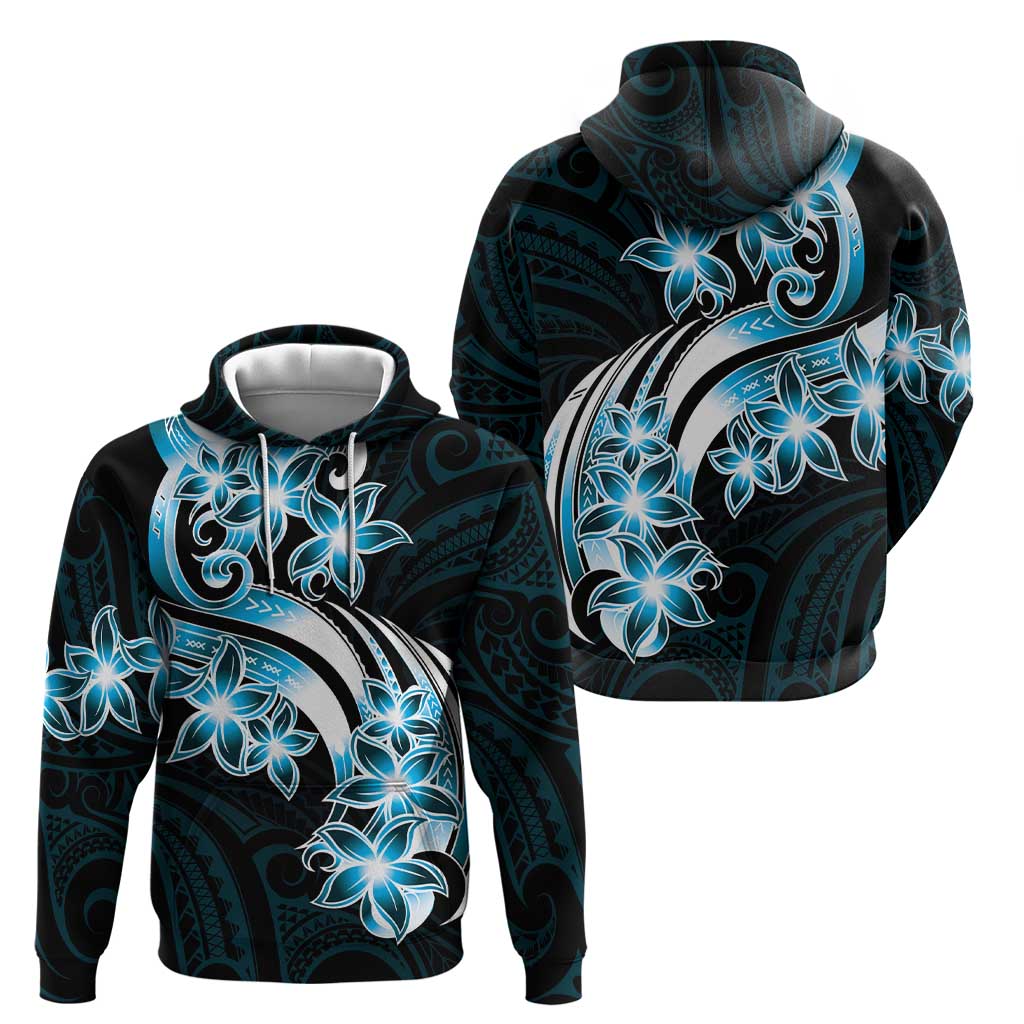 Plumeria Tribal Tattoo Zip Hoodie Blue Polynesian Pattern