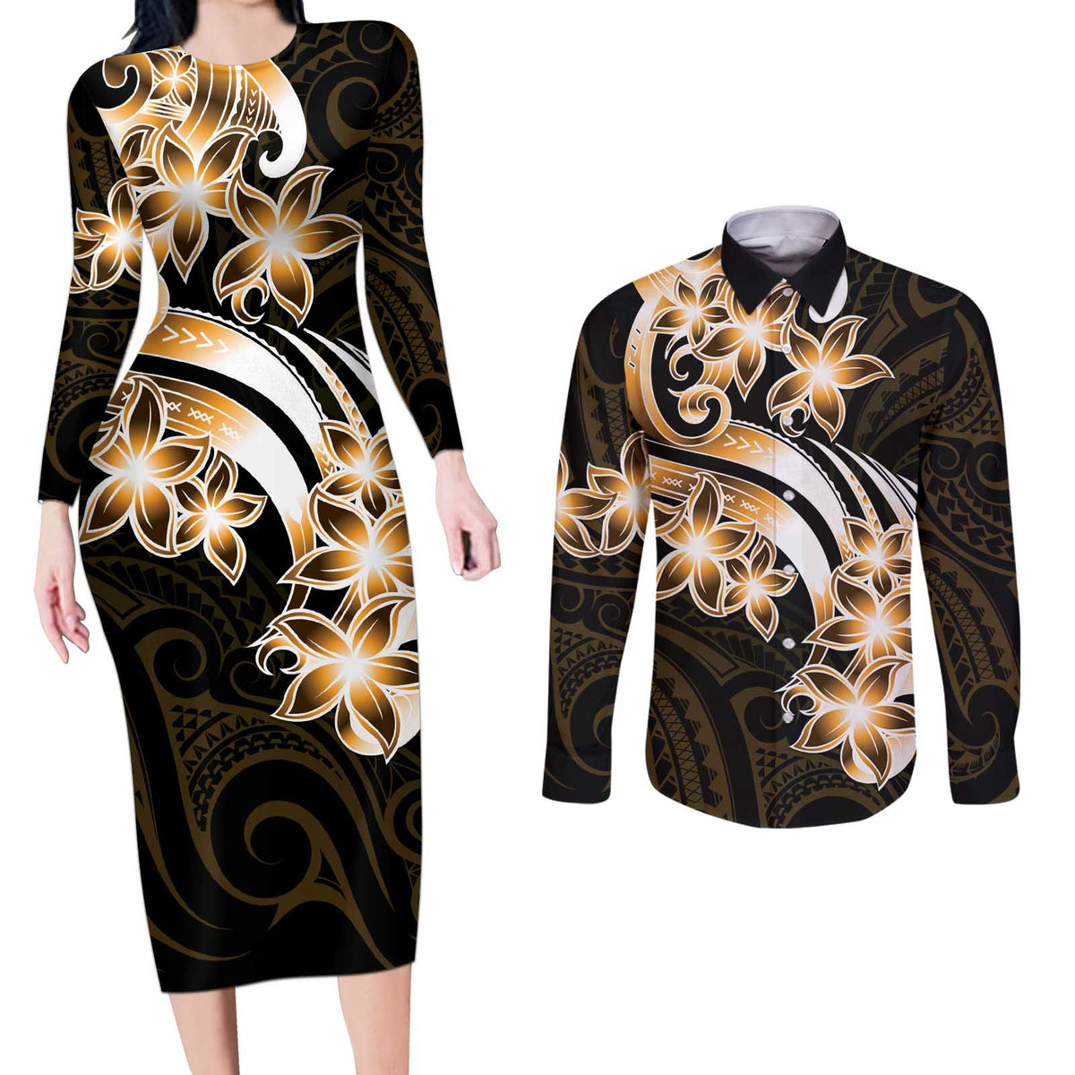 Plumeria Tribal Tattoo Couples Matching Long Sleeve Bodycon Dress and Long Sleeve Button Shirt Gold Polynesian Pattern LT9 Gold - Polynesian Pride