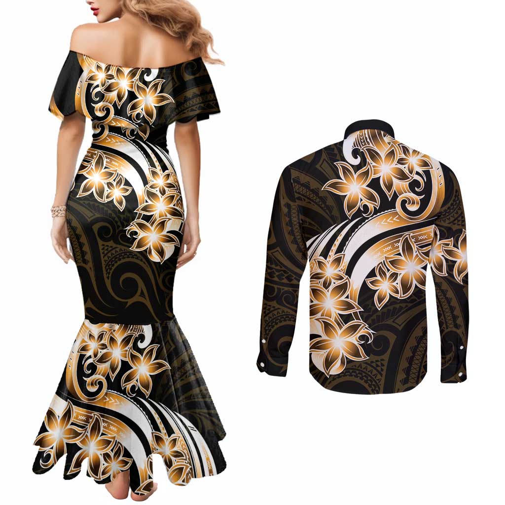 Plumeria Tribal Tattoo Couples Matching Mermaid Dress and Long Sleeve Button Shirt Gold Polynesian Pattern LT9 - Polynesian Pride