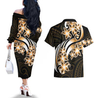 Plumeria Tribal Tattoo Couples Matching Off The Shoulder Long Sleeve Dress and Hawaiian Shirt Gold Polynesian Pattern