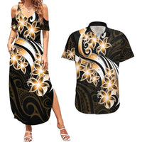 Plumeria Tribal Tattoo Couples Matching Summer Maxi Dress and Hawaiian Shirt Gold Polynesian Pattern LT9 Gold - Polynesian Pride