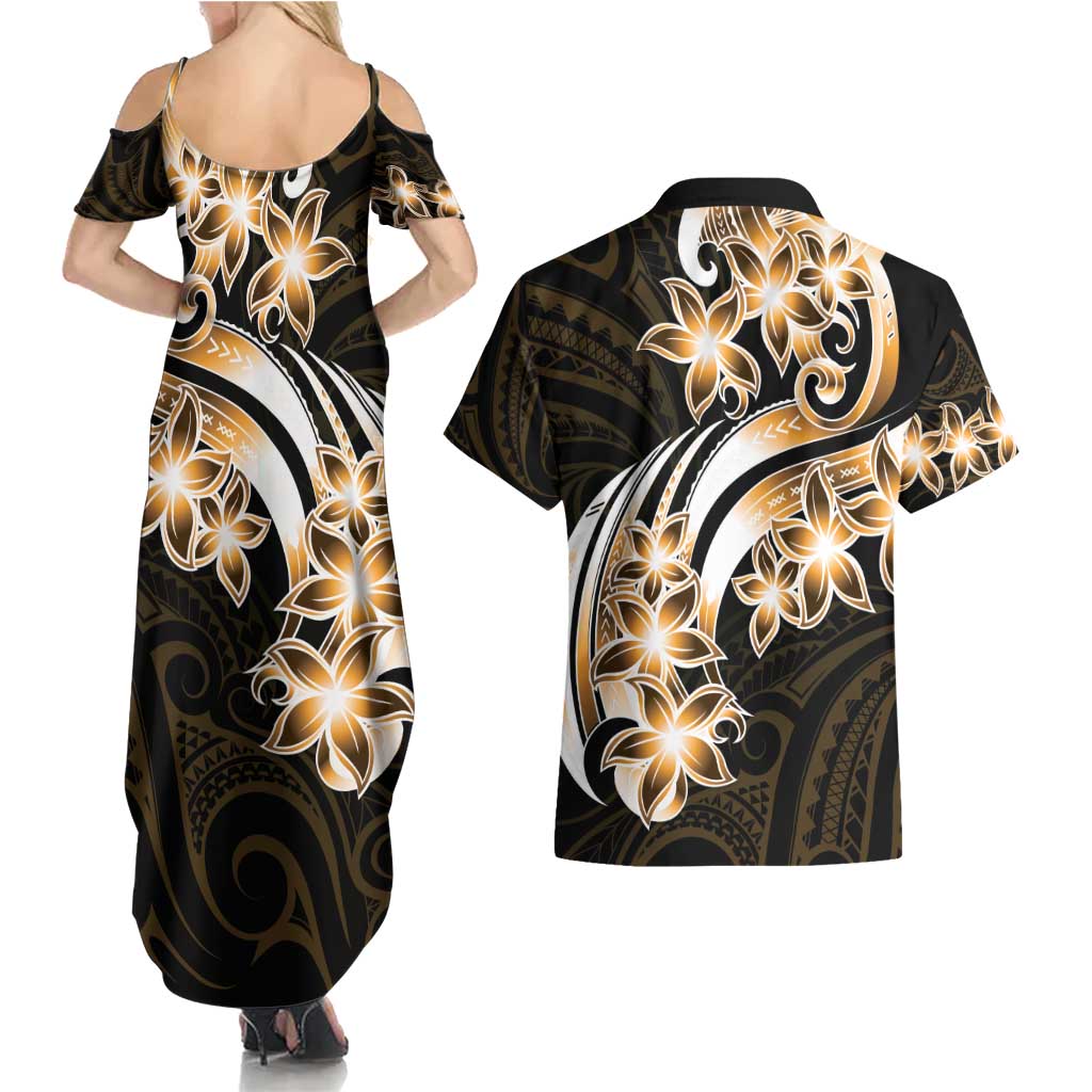 Plumeria Tribal Tattoo Couples Matching Summer Maxi Dress and Hawaiian Shirt Gold Polynesian Pattern LT9 - Polynesian Pride