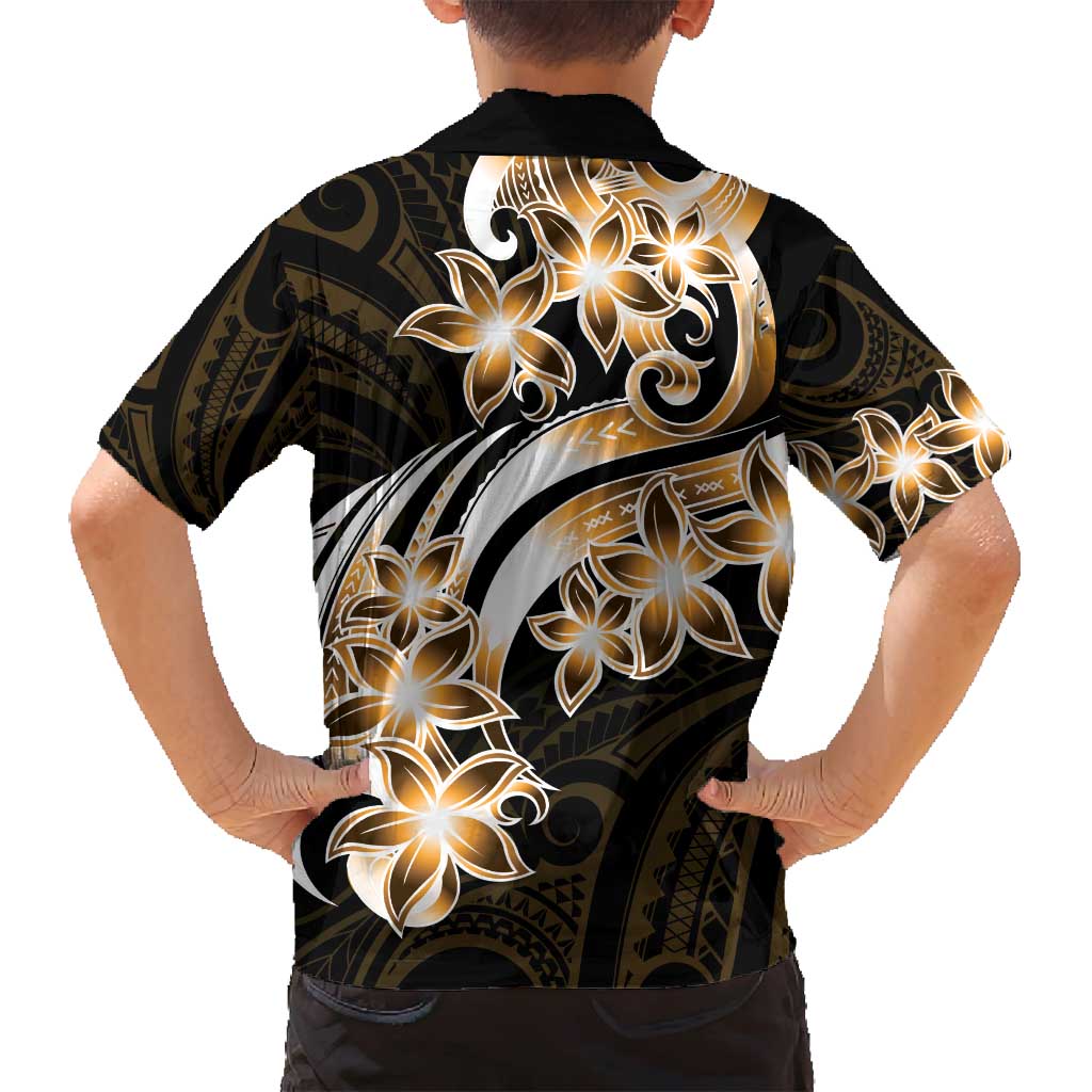 Plumeria Tribal Tattoo Family Matching Off Shoulder Maxi Dress and Hawaiian Shirt Gold Polynesian Pattern