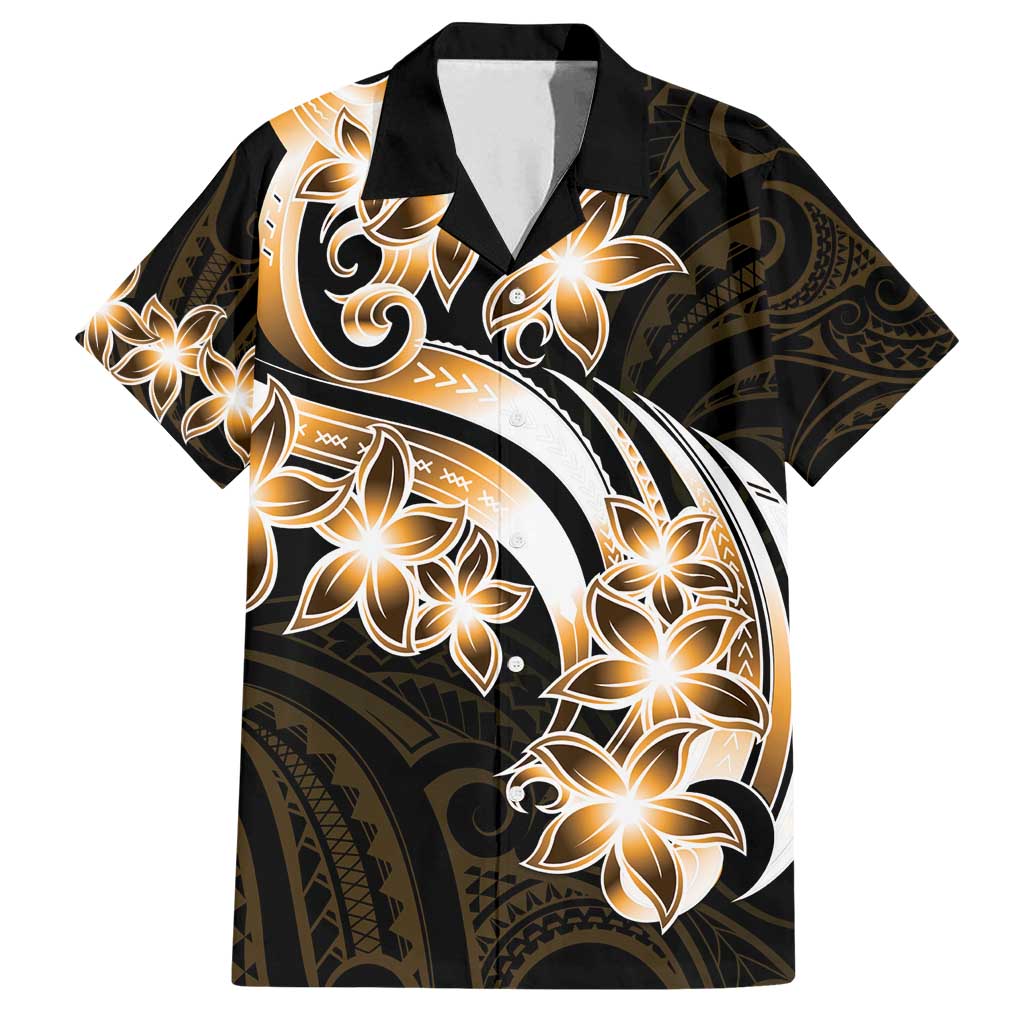 Plumeria Tribal Tattoo Family Matching Off Shoulder Maxi Dress and Hawaiian Shirt Gold Polynesian Pattern
