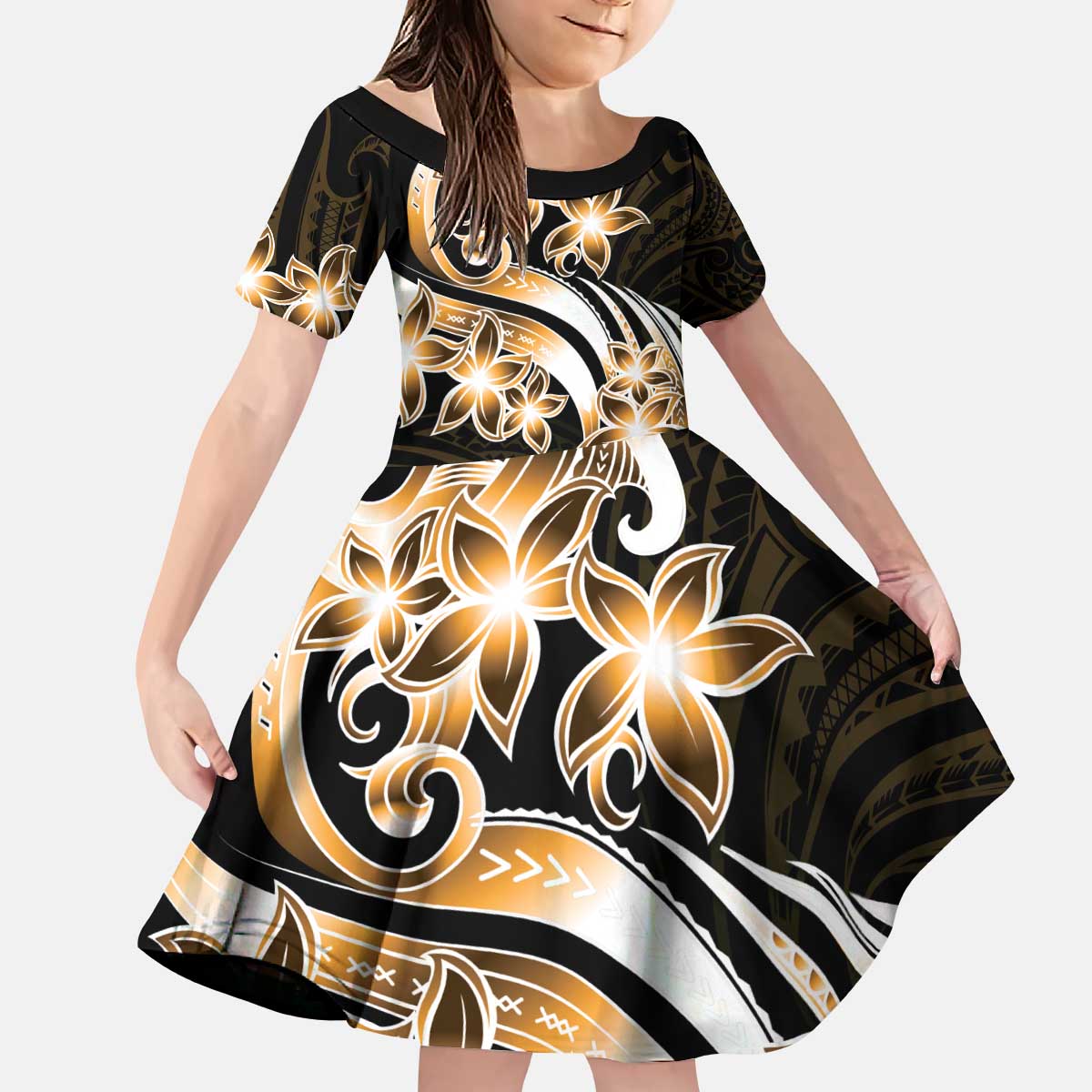 Plumeria Tribal Tattoo Family Matching Puletasi and Hawaiian Shirt Gold Polynesian Pattern LT9 Daughter's Dress Gold - Polynesian Pride