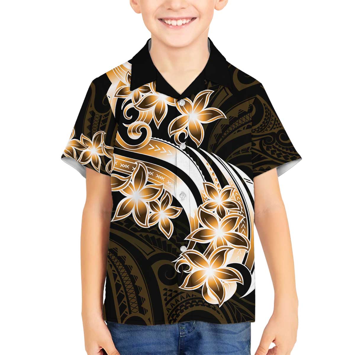 Plumeria Tribal Tattoo Family Matching Puletasi and Hawaiian Shirt Gold Polynesian Pattern LT9 Son's Shirt Gold - Polynesian Pride