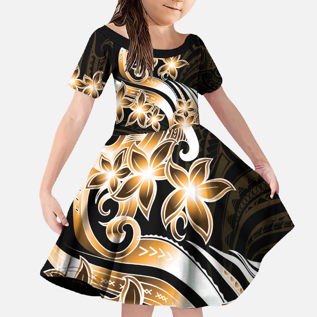 Plumeria Tribal Tattoo Family Matching Short Sleeve Bodycon Dress and Hawaiian Shirt Gold Polynesian Pattern LT9 Daughter's Dress Gold - Polynesian Pride