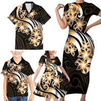 Plumeria Tribal Tattoo Family Matching Short Sleeve Bodycon Dress and Hawaiian Shirt Gold Polynesian Pattern LT9 - Polynesian Pride