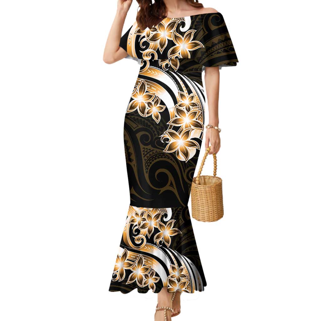 Plumeria Tribal Tattoo Mermaid Dress Gold Polynesian Pattern