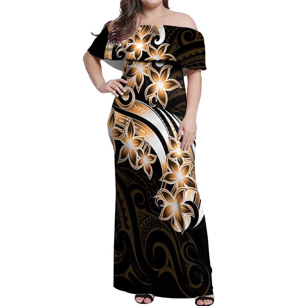 Plumeria Tribal Tattoo Off Shoulder Maxi Dress Gold Polynesian Pattern LT9 Women Gold - Polynesian Pride
