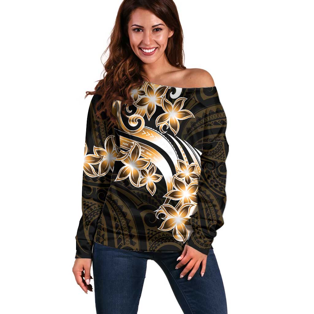 Plumeria Tribal Tattoo Off Shoulder Sweater Gold Polynesian Pattern