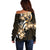 Plumeria Tribal Tattoo Off Shoulder Sweater Gold Polynesian Pattern