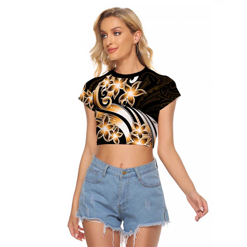 Plumeria Tribal Tattoo Raglan Cropped T Shirt Gold Polynesian Pattern LT9 Female Gold - Polynesian Pride
