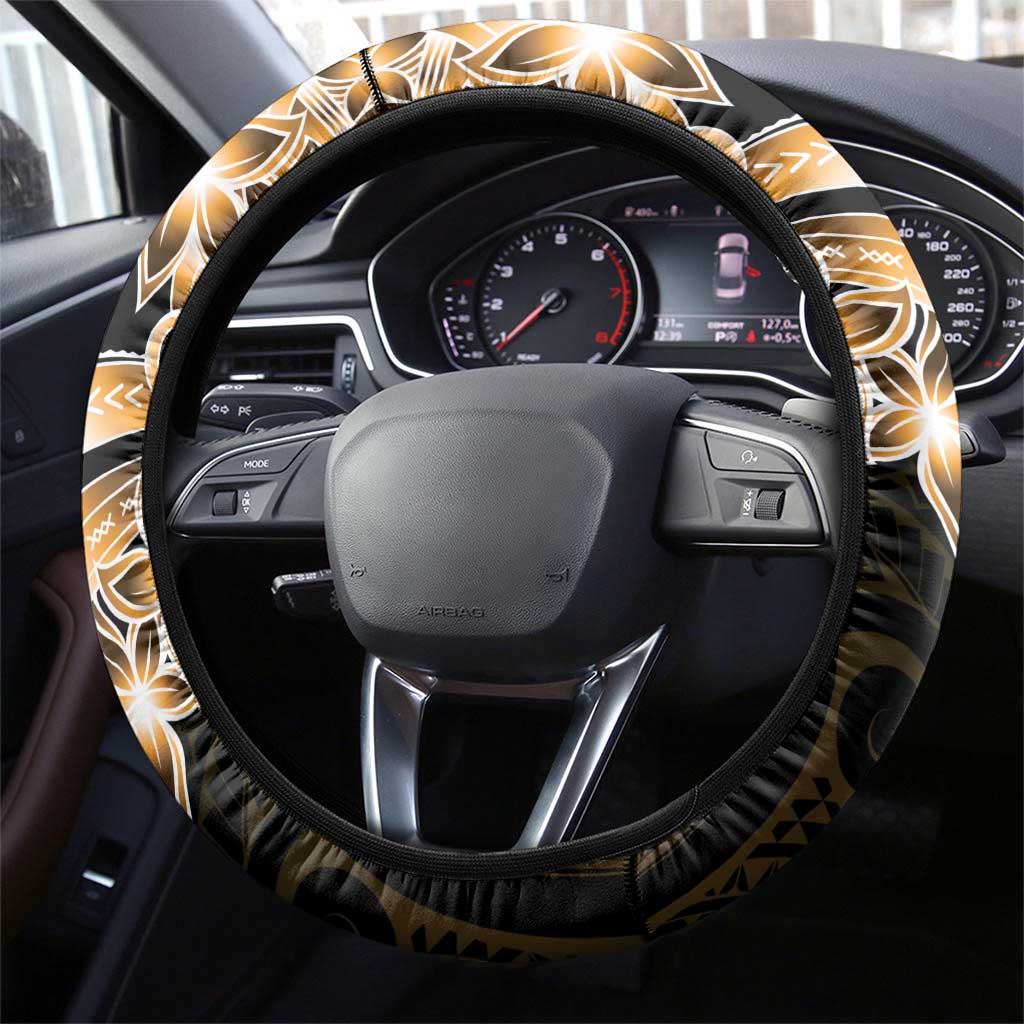 Plumeria Tribal Tattoo Steering Wheel Cover Gold Polynesian Pattern