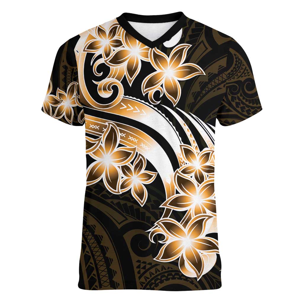 Plumeria Tribal Tattoo Women V-Neck T-Shirt Gold Polynesian Pattern LT9 Female Gold - Polynesian Pride