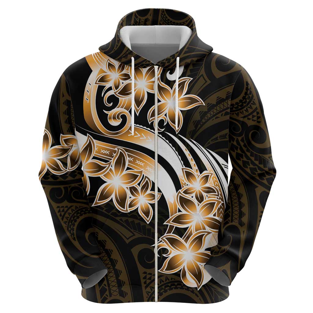 Plumeria Tribal Tattoo Zip Hoodie Gold Polynesian Pattern