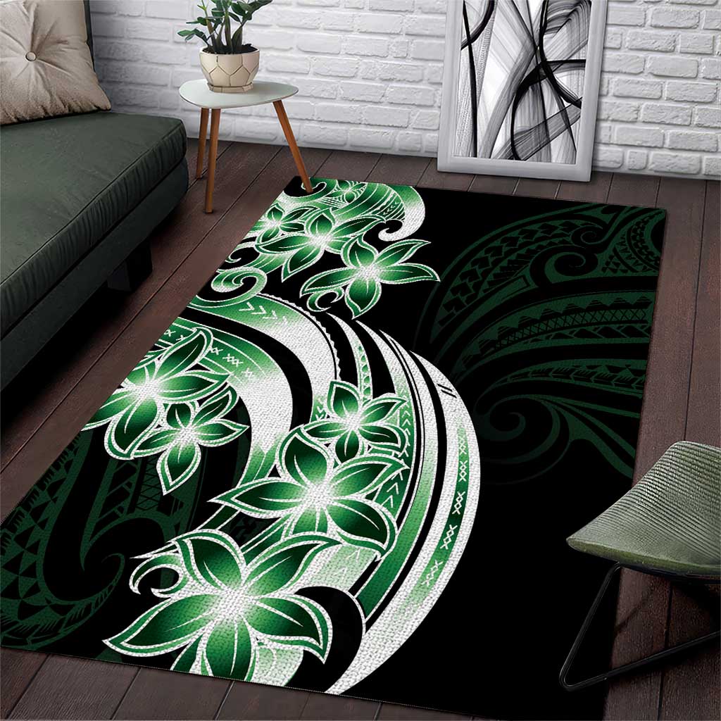 Plumeria Tribal Tattoo Area Rug Green Polynesian Pattern