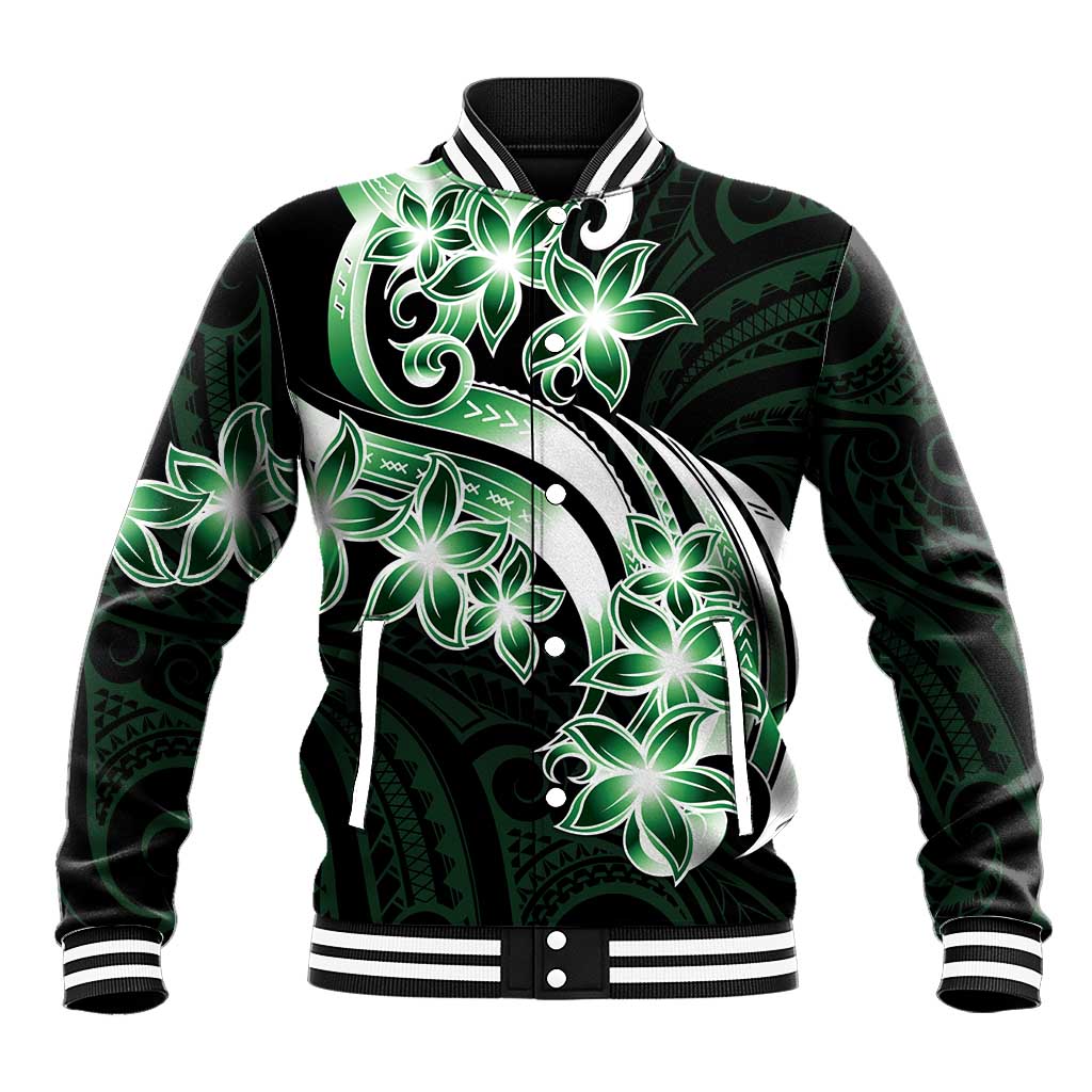 Plumeria Tribal Tattoo Baseball Jacket Green Polynesian Pattern