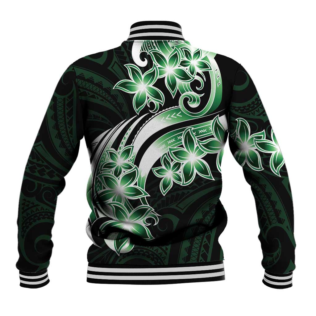 Plumeria Tribal Tattoo Baseball Jacket Green Polynesian Pattern