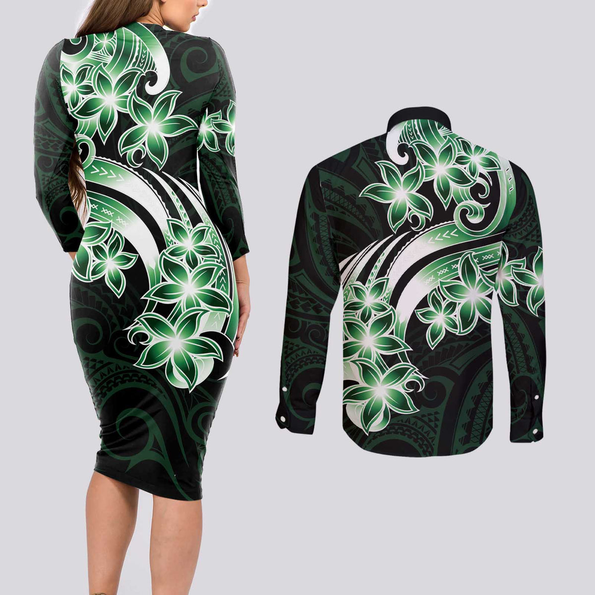 Plumeria Tribal Tattoo Couples Matching Long Sleeve Bodycon Dress and Long Sleeve Button Shirt Green Polynesian Pattern LT9 - Polynesian Pride
