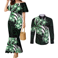 Plumeria Tribal Tattoo Couples Matching Mermaid Dress and Long Sleeve Button Shirt Green Polynesian Pattern LT9 Green - Polynesian Pride