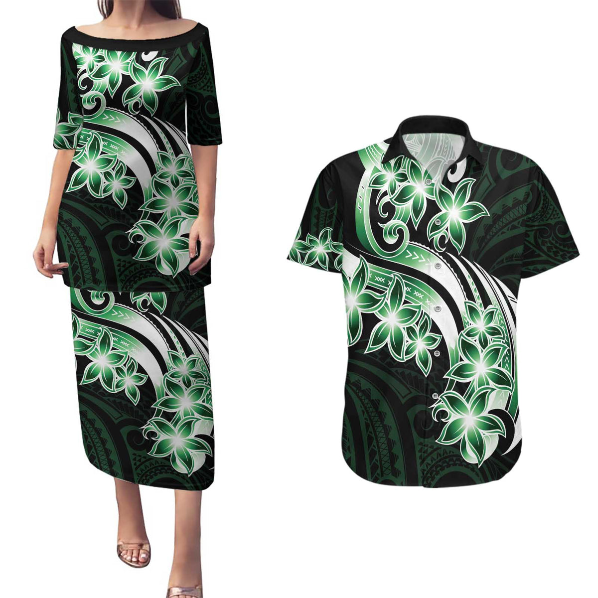 Plumeria Tribal Tattoo Couples Matching Puletasi and Hawaiian Shirt Green Polynesian Pattern