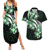 Plumeria Tribal Tattoo Couples Matching Summer Maxi Dress and Hawaiian Shirt Green Polynesian Pattern LT9 Green - Polynesian Pride