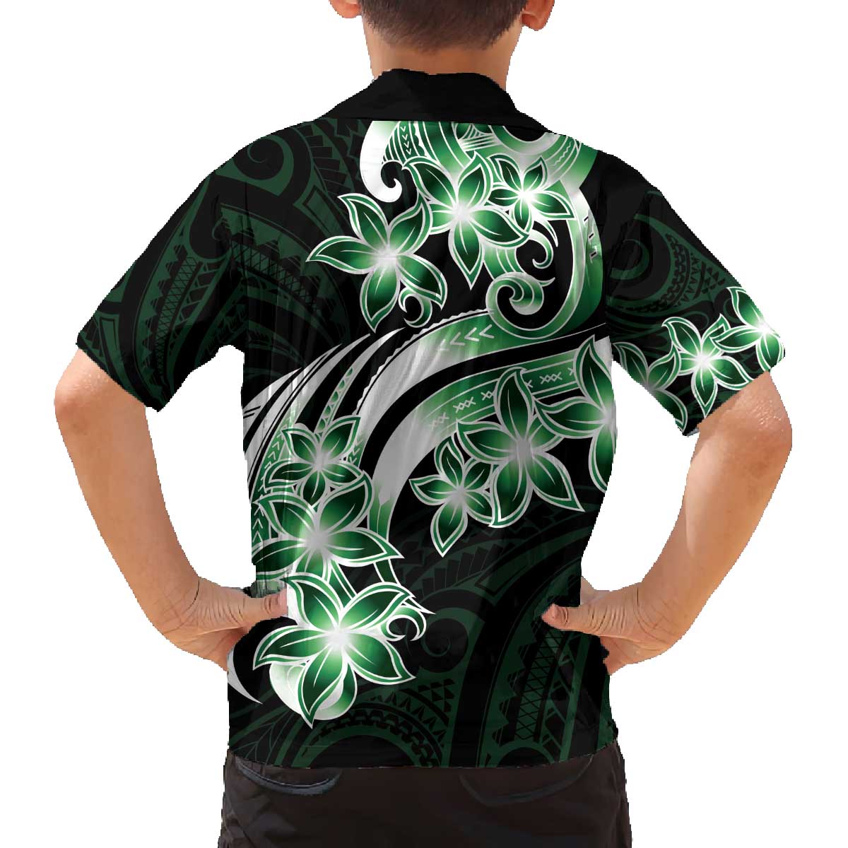 Plumeria Tribal Tattoo Family Matching Off The Shoulder Long Sleeve Dress and Hawaiian Shirt Green Polynesian Pattern