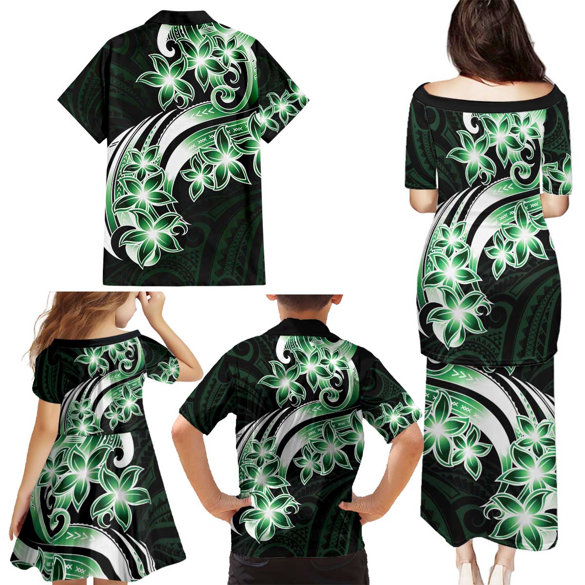 Plumeria Tribal Tattoo Family Matching Puletasi and Hawaiian Shirt Green Polynesian Pattern LT9 - Polynesian Pride