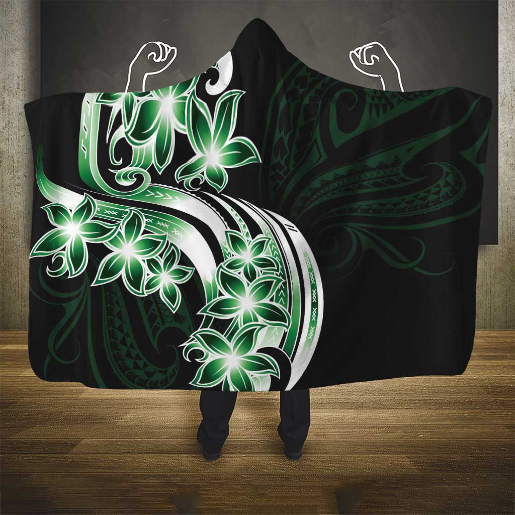 Plumeria Tribal Tattoo Hooded Blanket Green Polynesian Pattern