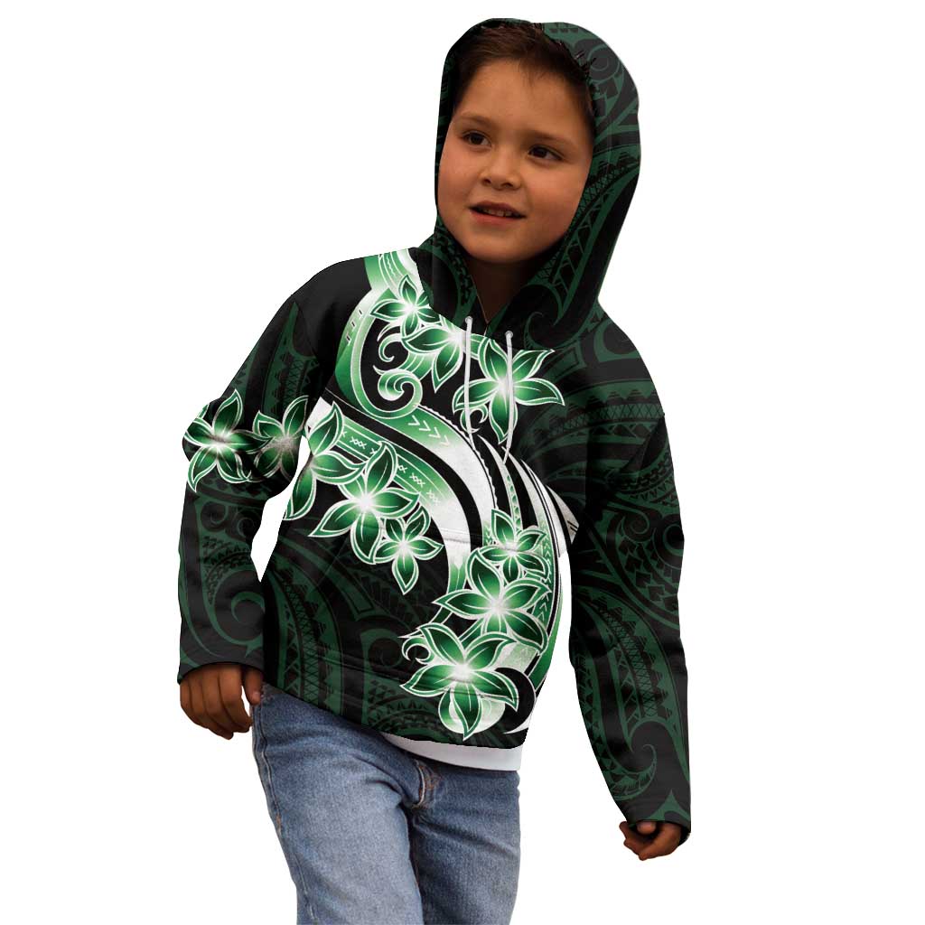 Plumeria Tribal Tattoo Kid Hoodie Green Polynesian Pattern